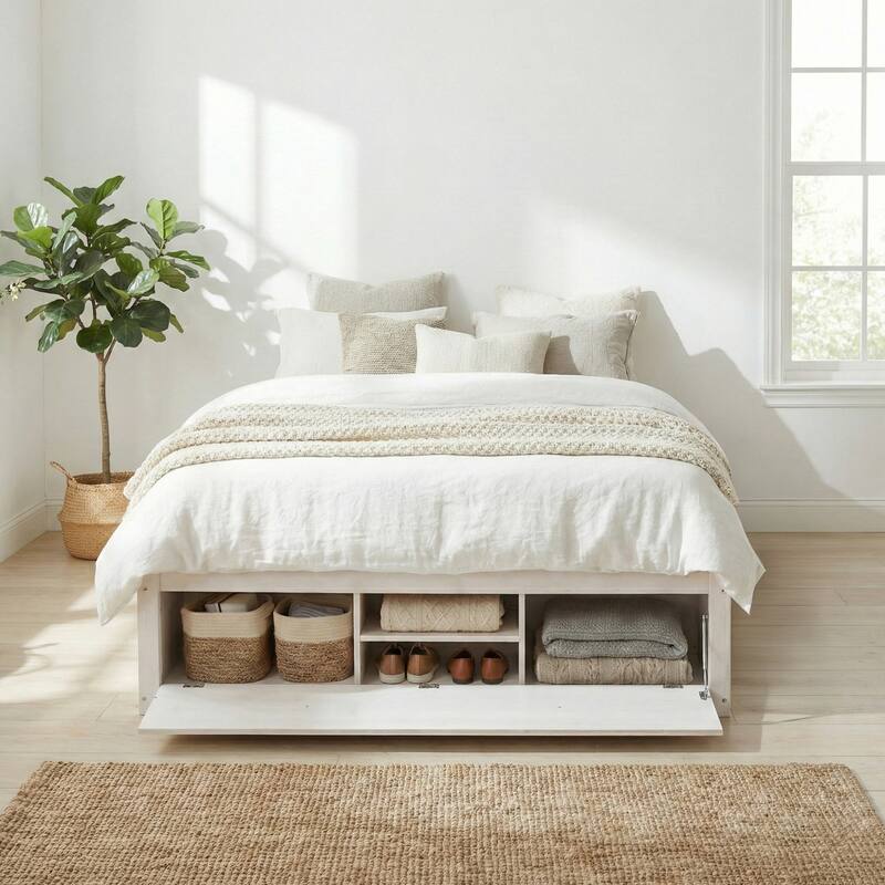 Queen Size Platform Bed Open Frame with Footboard Storage and 4 Drawers
