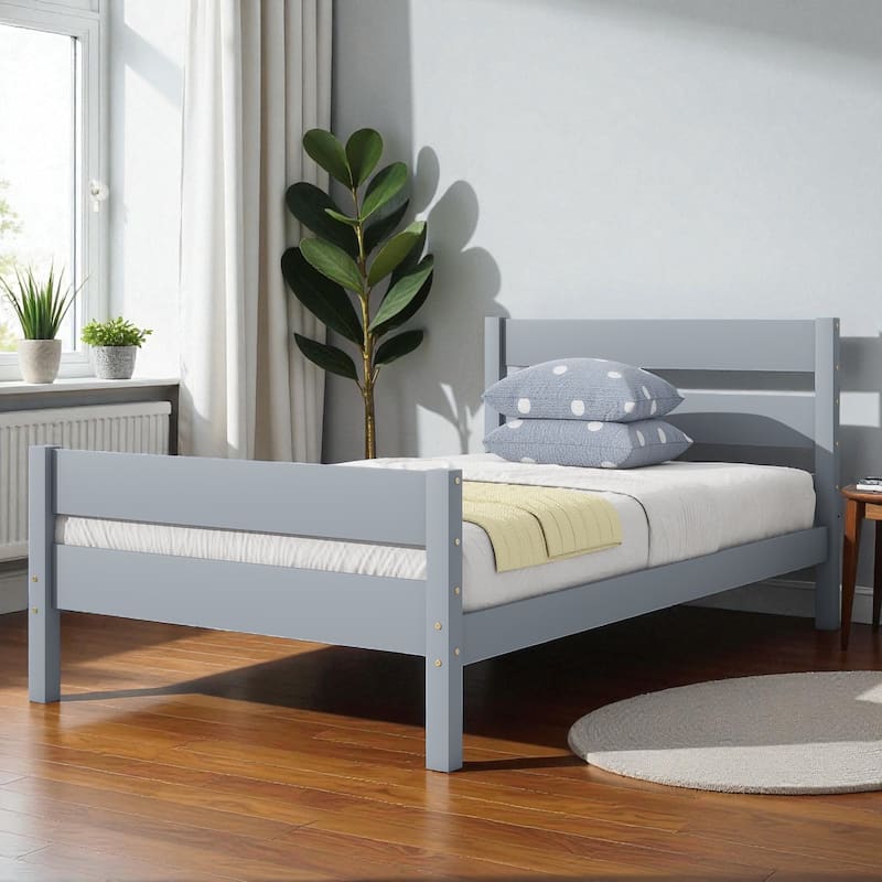 Twin Bed with Headboard and Footboard, Solid Rubber Wood Frame with Under-Bed Storage and Durable Slat Support