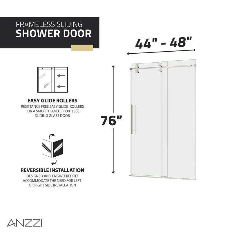 ANZZI Series 44 to 48 in. x 76 in. Frameless Shower Door with Sliding with Tsunami Guard Tempered Clear Glass