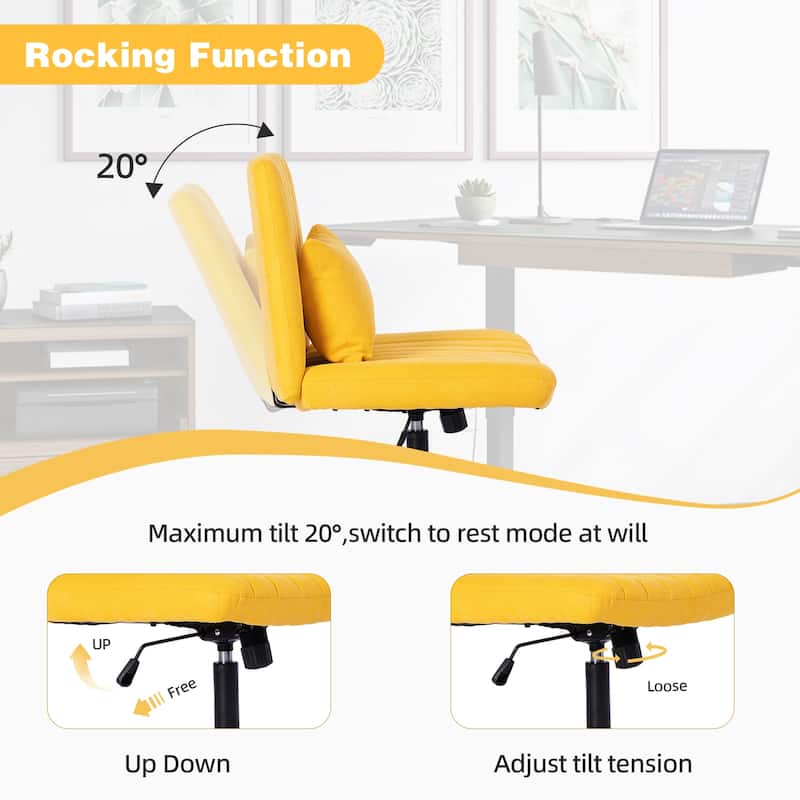 Criss Cross Chair with Wheels, Adjustable Armless Swivel Rolling Chair, Linen Upholstered Office Chair with Lumbar Pillow