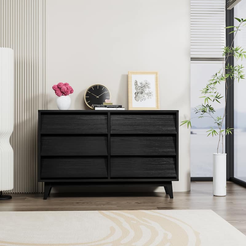 6 Drawer Dresser for Bedroom, Wide Wooden Storage Organizer, Double Dresses with Concealed Drawer Handles, Solid Wood Legs