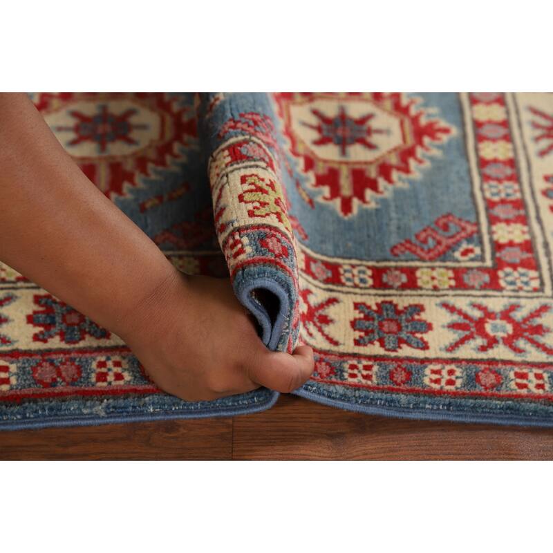 Hand Knotted Oriental 100% Wool Carpet Traditional Geometric Navy Blue & Blues Kazak Area Rug - 3' 1'' X 2' 0''