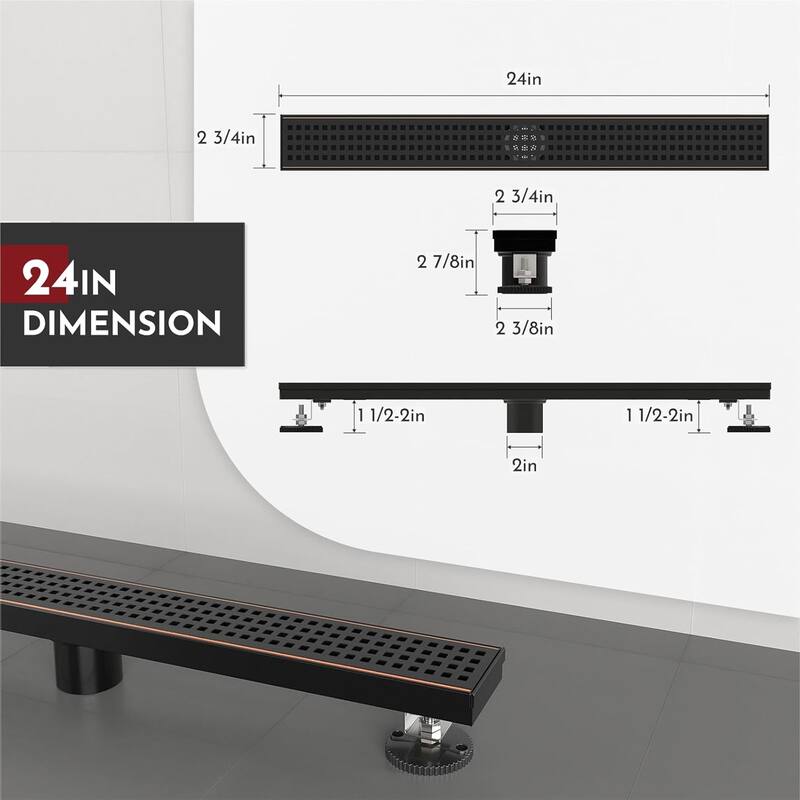 24-Inch Linear Shower Floor Drain, Square Hole Grate - 24 inch