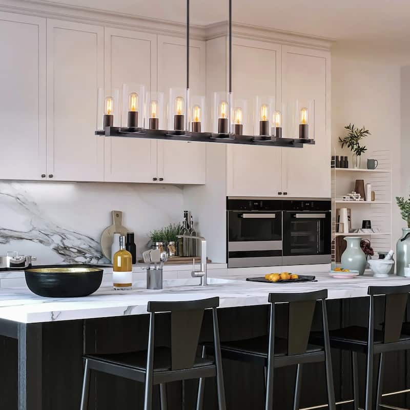 10-Light Industrial Farmhouse Linear Candle Chandelier with Cylinder Clear Glass Shade