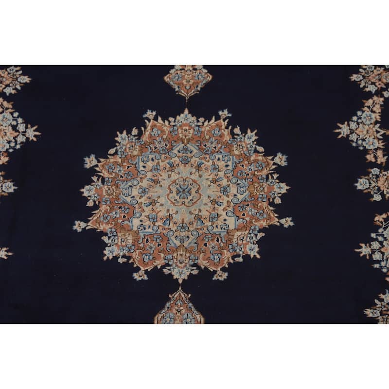 Navy Blue Floral Kerman Persian Antique Area Rug Handmade Wool Carpet - 6'11" x 9'7"