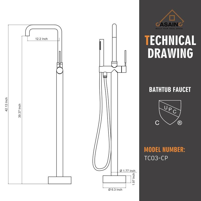 CASAINC Single-Handle Freestanding Floor-Mounted Roman Bathtub Faucet with Hand Shower