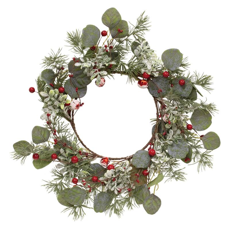 Snowy Holiday Red Berry & Bell Wreath - Green - 18 Inches