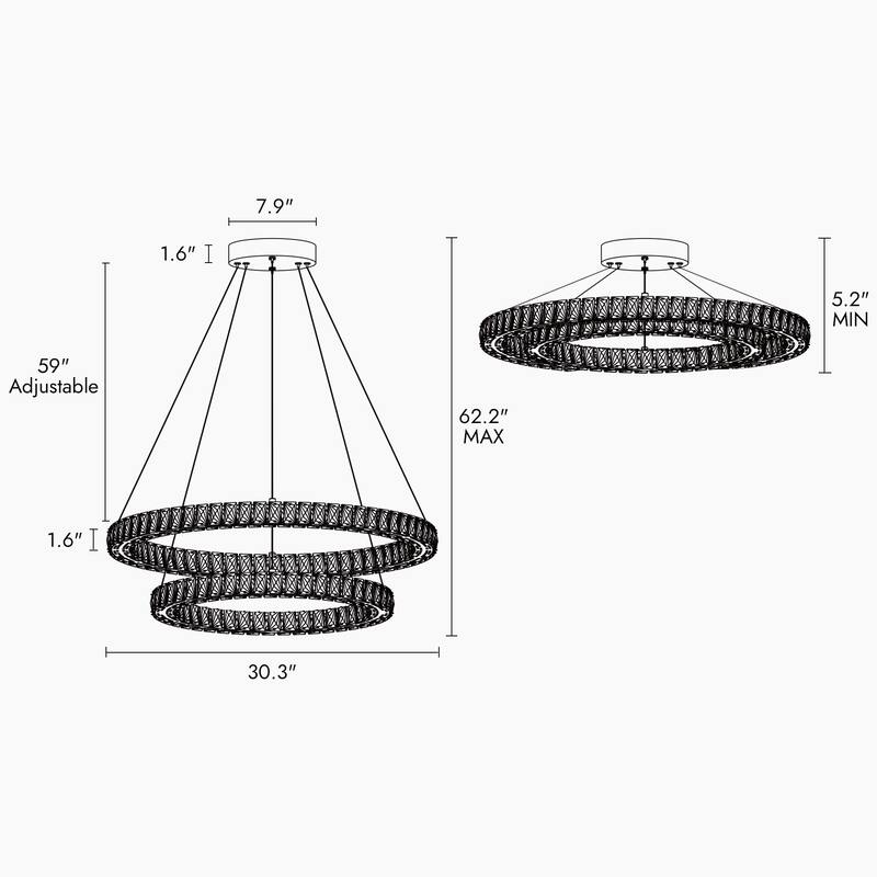 Modern LED Crystal Ring Chandelier 2-Tier Gold Lights for Dining Room