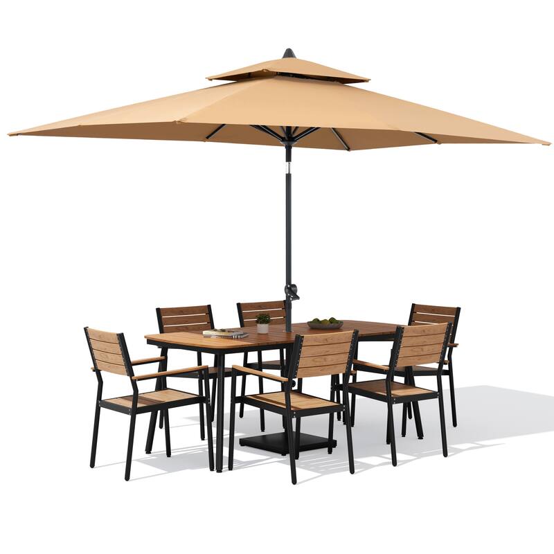 9-Piece Outdoor Dining Set Aluminum Table and Stackable Armchairs with Umbrella and Base