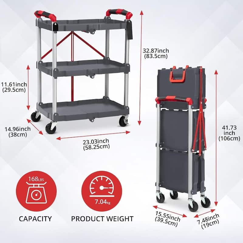 3-Tier Holds Foldable Utility Collapsible Service Rolling Cart with Wheels, for Home, Office, Kitchen - N/A
