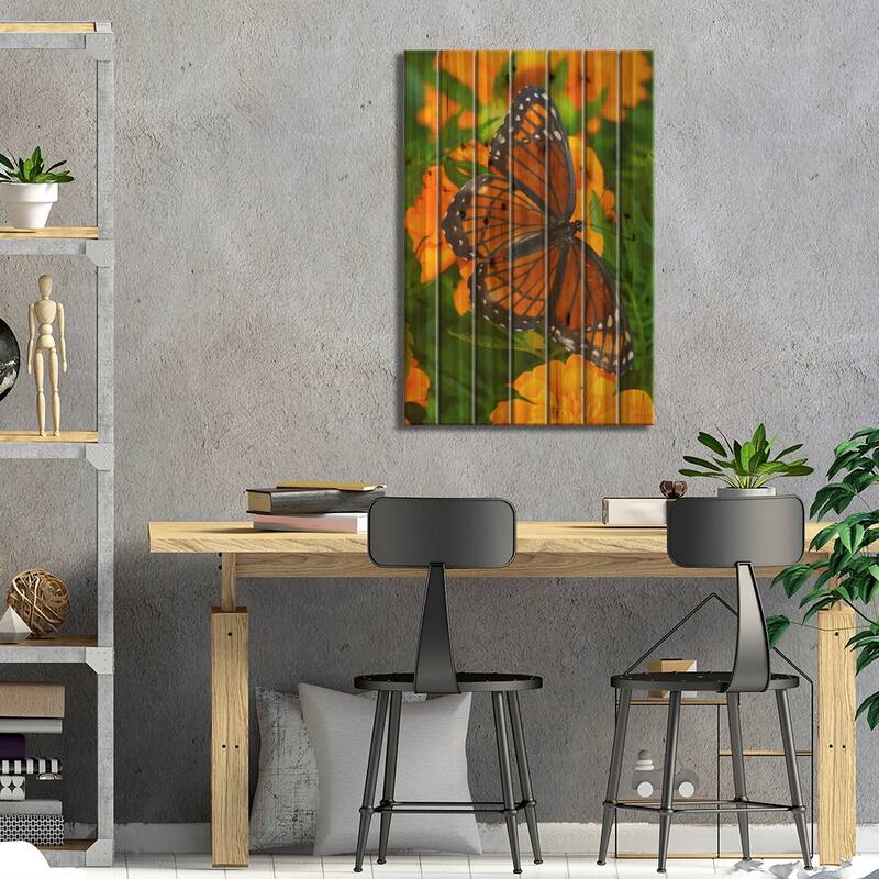Open-Winged Viceroy In Zoom Among Marigolds Print On Wood by Darrell Gulin - Multi-Color