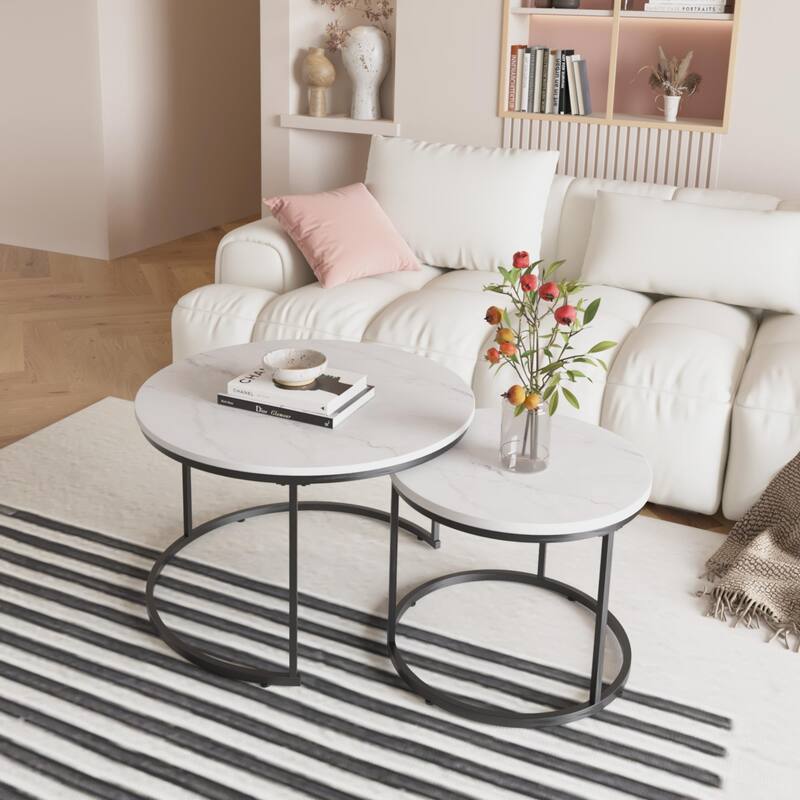 Modern Nesting Coffee Table Round Coffee Table Side Table, 2-Piece Set with Base, for Living Room, Brown