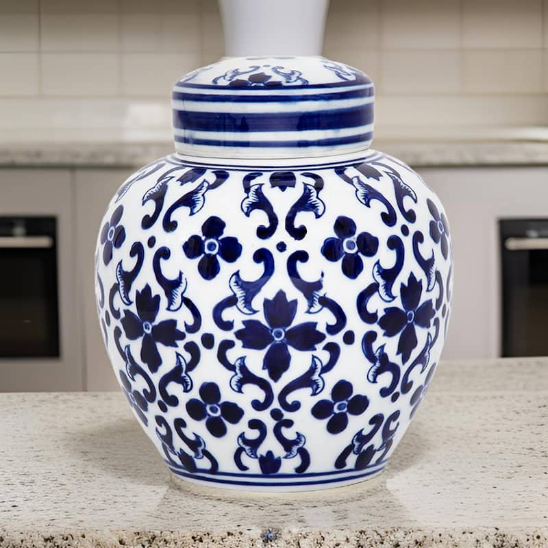 Traditional Style Urn Shape Ceramic Lidded Jar with Floral Pattern, White and Blue