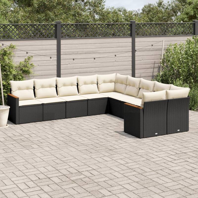 vidaXL Patio Sofa Set with Cushions Outdoor Conversation Furniture Poly Rattan - 24.4" x 24.4" x 27.2" - Black and cream without table