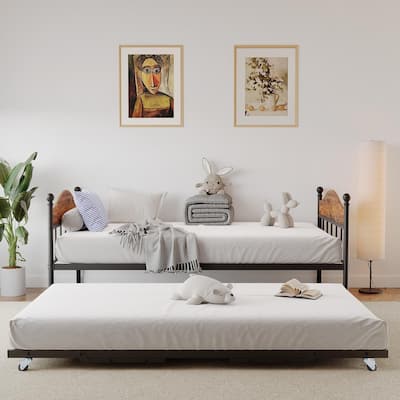 Twin Metal Daybed with Pop-Up Trundle, Lockable Casters
