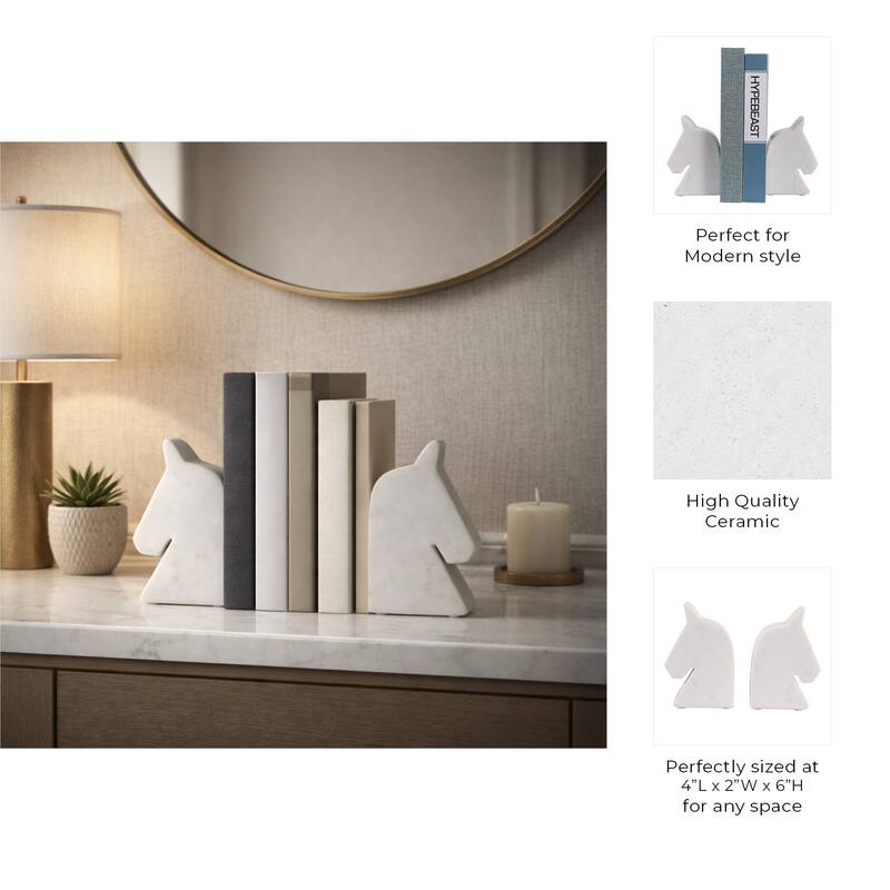 Modern Marble Horse Head Book Ends - Set of 2, 6", White - 6.0"
