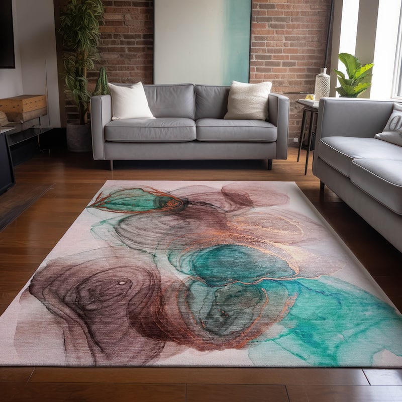 Machine Washable Indoor/ Outdoor Abstract Circles Chantille Rug - Burgundy - 10' x 14'