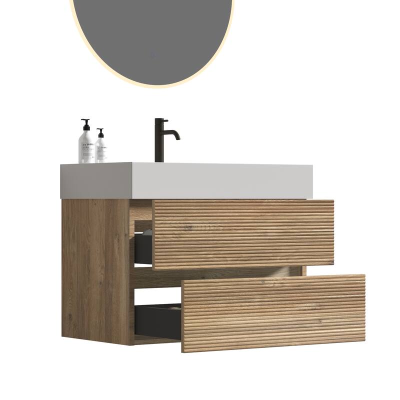 GDFStudio - Grace Wall-Mounted Bathroom Vanity with Engineered Quartz Sink & Soft Close Drawers, without Drainage and Faucet