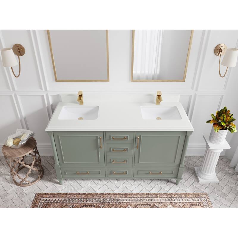 Willow Collections 60 in. W x 22 in. D Aberdeen Double Sink Bathroom Vanity with Countertop - 1.5" White Quartz - Evergreen
