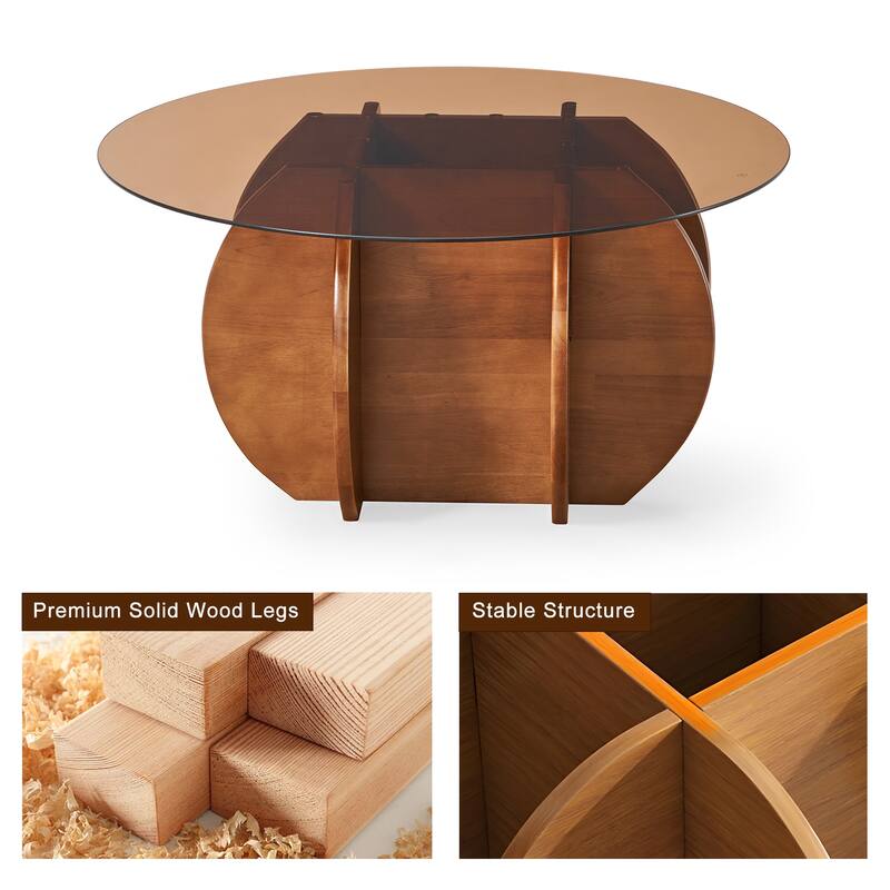 CAROCC Modern Round Table Glass Top Wooden Base Petal - Shaped Legs Dining Living Room Stylish Sturdy