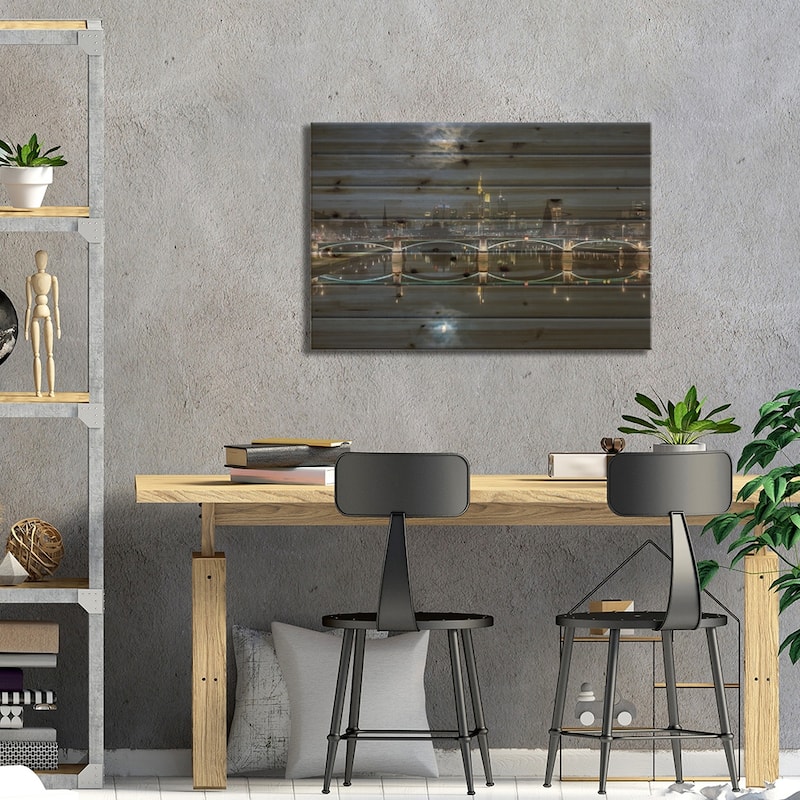 Frankfurt At Full Moon Print On Wood by Mike / Match-Photo - Multi-Color