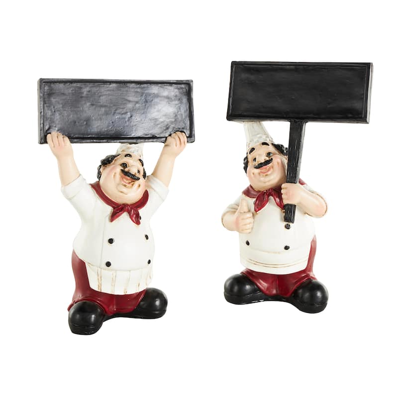 White Polystone Kitchen Decorative Figurine Chef Decorative Sculpture with Chalkboard Signs (Set of 2)