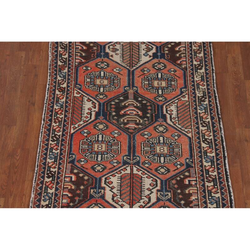 Tribal Orange Hamedan Persian Vintage Runner Rug Handmade Wool Carpet - 3'3" x 9'4"