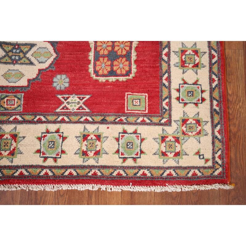 Geometric Red Kazak Accent Rug Hand-Knotted Bedroom Wool Carpet - 3'10" x 5'10"