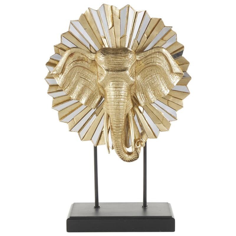 Resin Elephant Decorative Sculpture with Mirrored Sunburst Accent and Black Stand - Gold - Roche River Decor