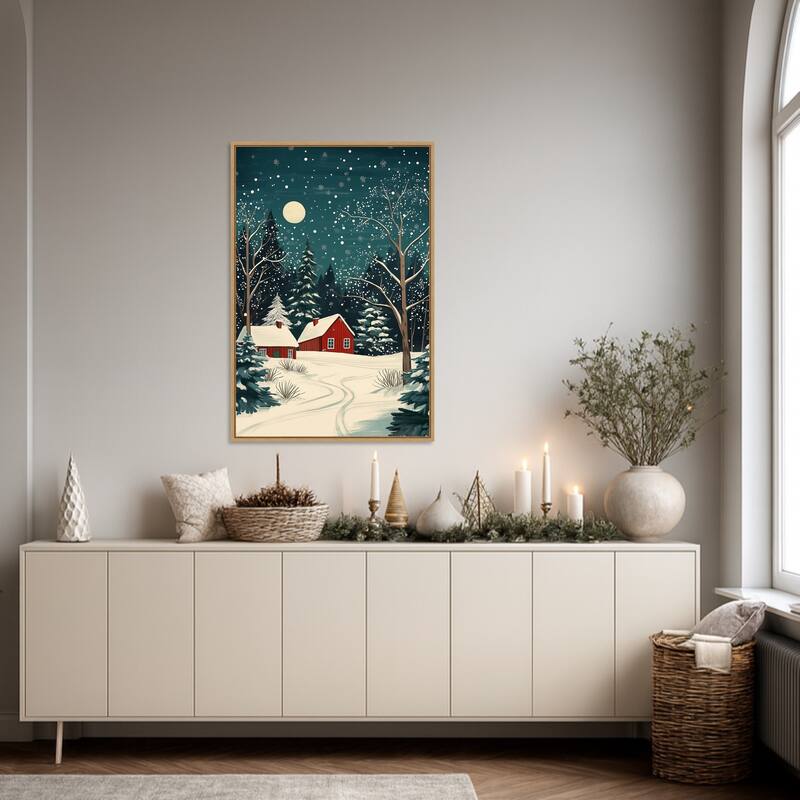 Red Houses and Snowy night sky by Pictufy Studio Framed Canvas Wall Art Print - Sylvie Natural