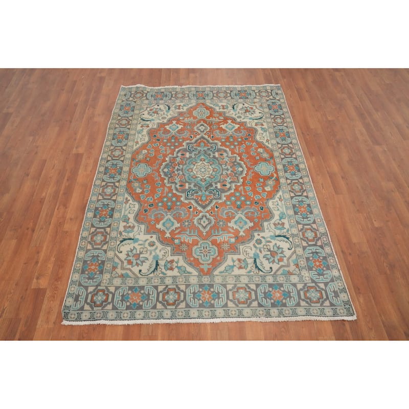 Hand Knotted Oriental 100% Wool Carpet Traditional Floral Oranges & Rust Tabriz Area Rug - 6' 5'' X 4' 8''