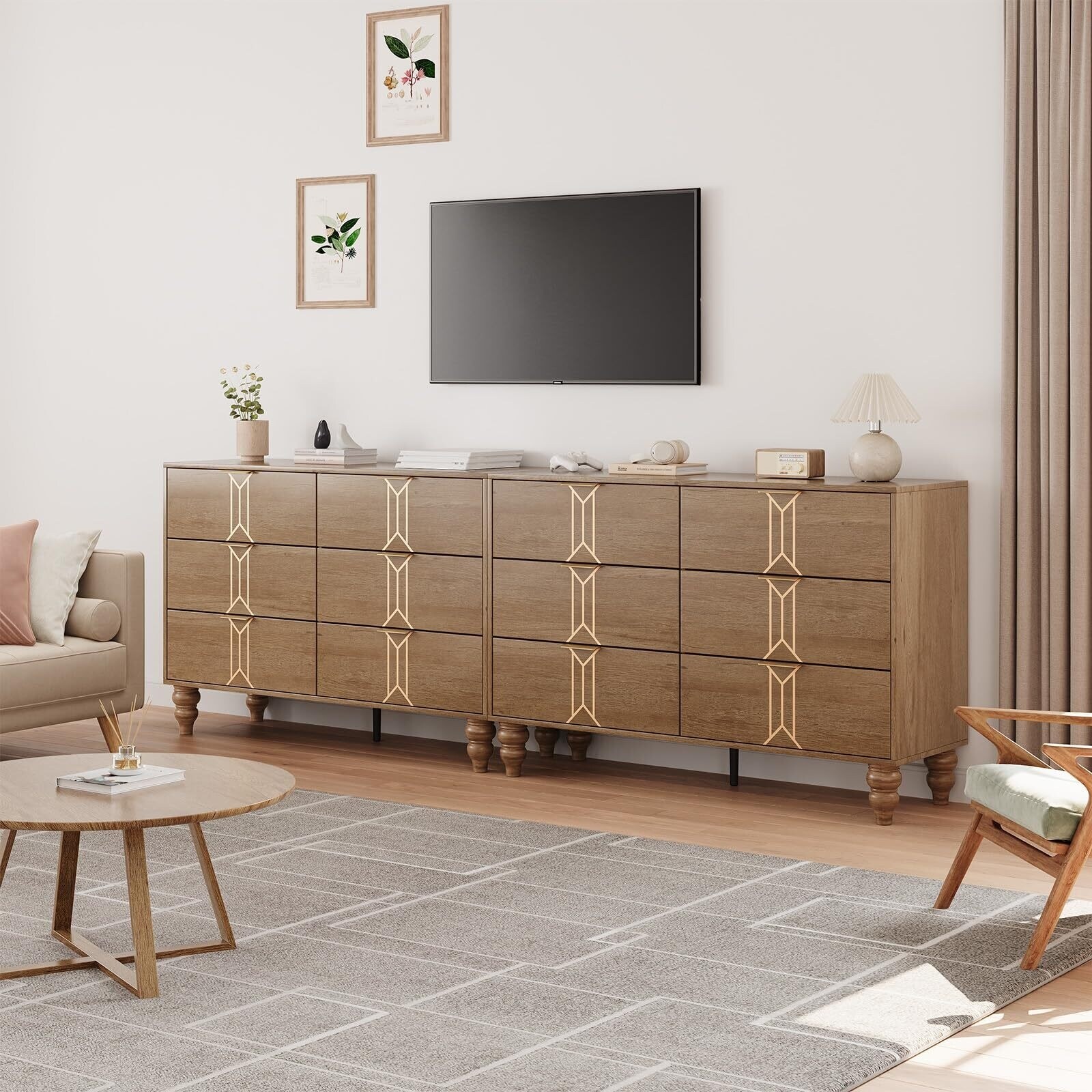 Walnut and Gold Wooden 6 Drawer Dresser with Vintage Pattern Design, Modern Chest  Dresser - Overstock - 43206385