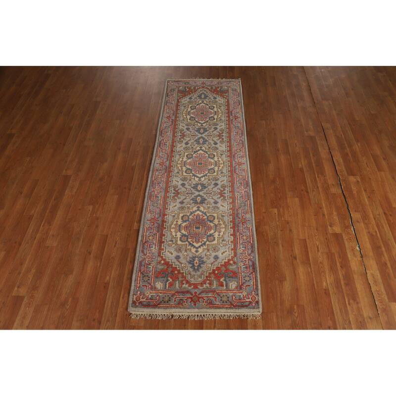 Hand Knotted Oriental 100% Wool Carpet Traditional Geometric Greys & Charcoal Heriz (serapi) Runner Rug - 7' 11'' X 2' 7''