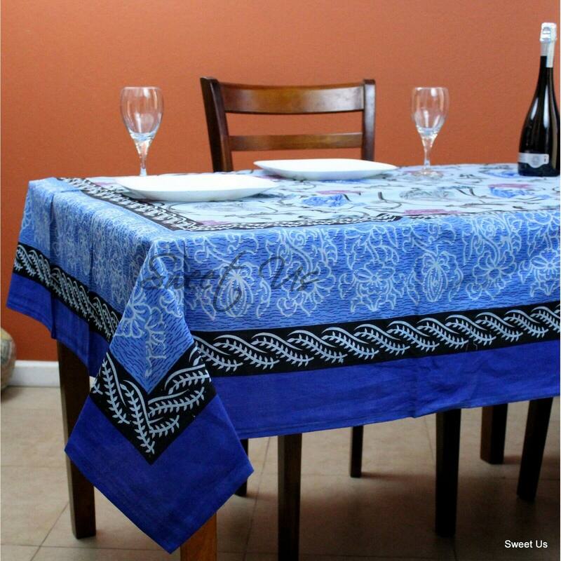 Floral Bloom Print Cotton Tablecloth - 70 x 104 in - Blue