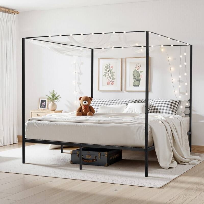 Black Metal Canopy Bed Frame King Size with 12.4 Inch Storage Space and Strong Slats