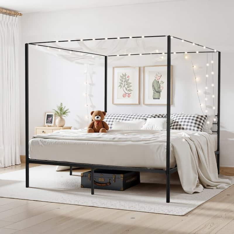 Modern Black Metal Canopy Bed Frame with 12.4 Inch Storage Clearance and Strong Weight Support