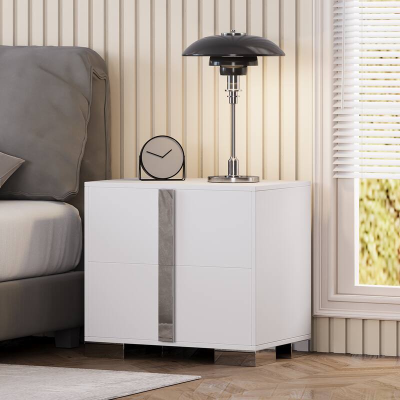 Modern End Table with Drawers, Elegant Nightstand with Metal Foot,Wood Bedside Table with Mirrored Metal Handles