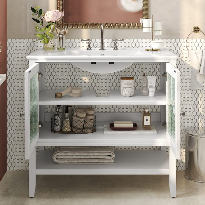 36" Bathroom Vanity with Ceramic Sink, Bathroom Vanity with Adjustable Shelf and Open Shelf, Waterproof Painted Finish