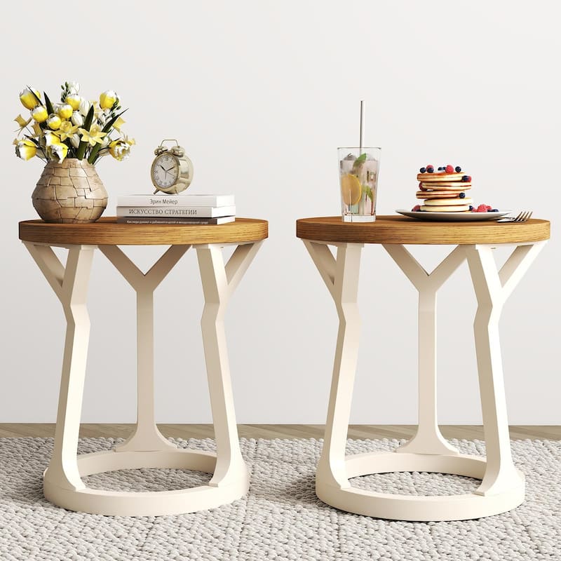 Kinbor Farmhouse End Table - Round Pedestal Side Table, French Country Style Bedroom Side Table