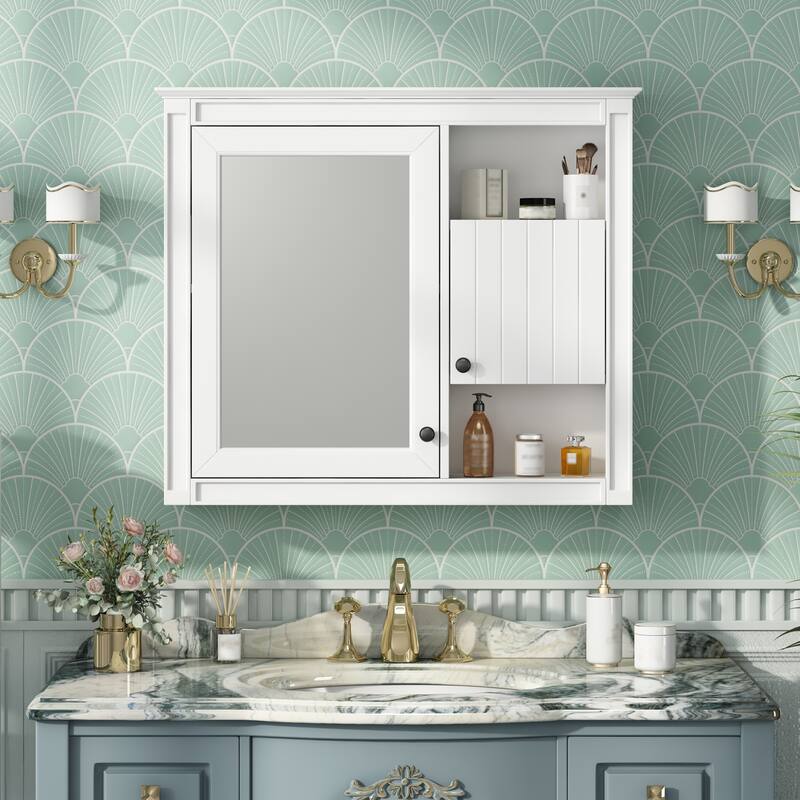GDFStudio - Wellston Modern Wall-Mounted Bathroom Storage Cabinet with Mirror and Adjustable Shelves - 32"W