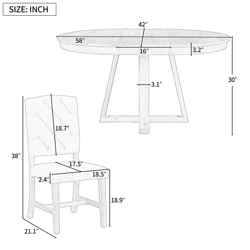 5-Piece Retro Functional Dining Set, Round Table with a 16"W Leaf and 4 Upholstered Chairs