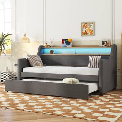 Twin Size Daybed with Trundle Bed, Upholstered Daybed with Charging Station and LED Lights