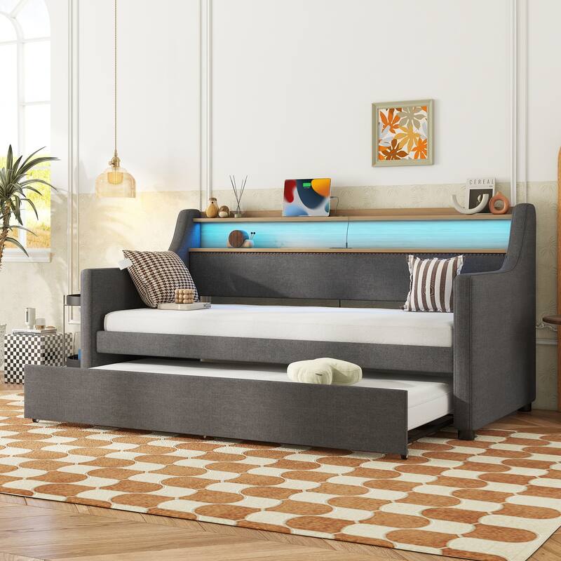 Twin Size Upholstered Daybed with Trundle, Charging Station, LED Lights, and Storage Headboard, Gray