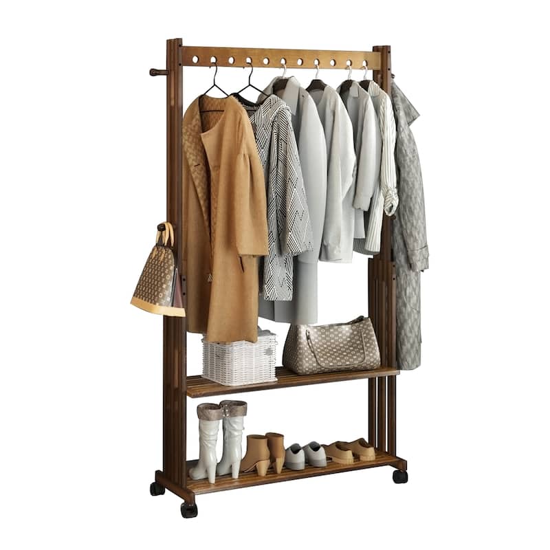 Rustic Wooden Clothes Rack Freestanding Bamboo Garment Stand On Wheels - 40.94x12.68x65.35 inch