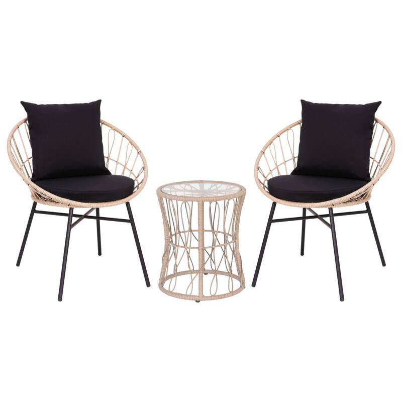 Indoor/Outdoor Rattan Rope Bistro Set, Glass Top Table & Cushions
