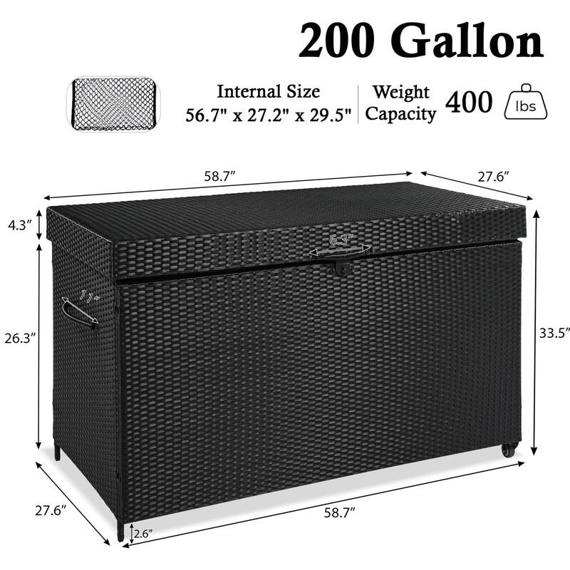 200 Gallon Wicker Deck Box with Wheels, All-Weather Outdoor Storage Box, Rattan Storage Bin for Patio Furniture - N/A