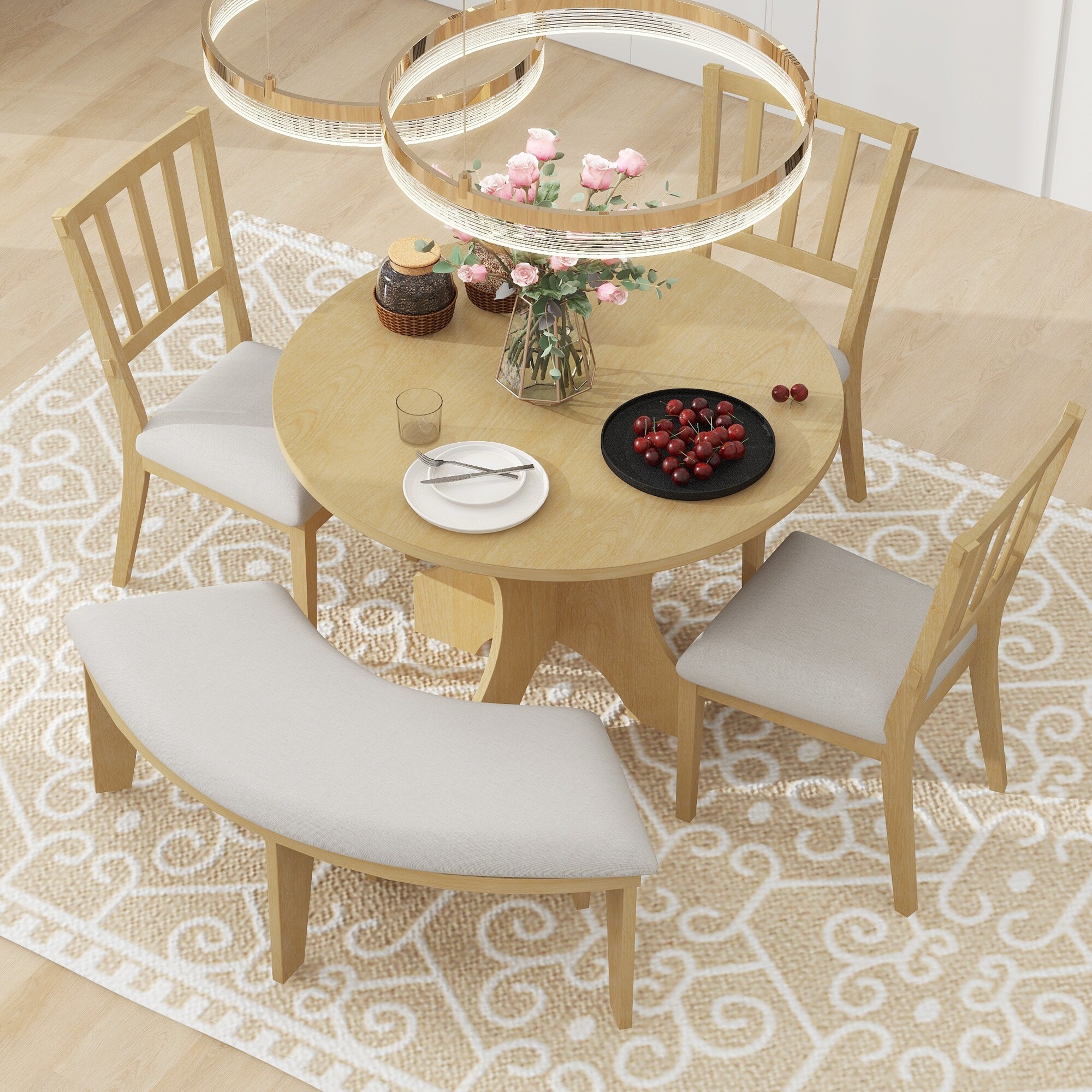 5-Piece Round Rubberwood Dining Set, Kitchen Round Table with
