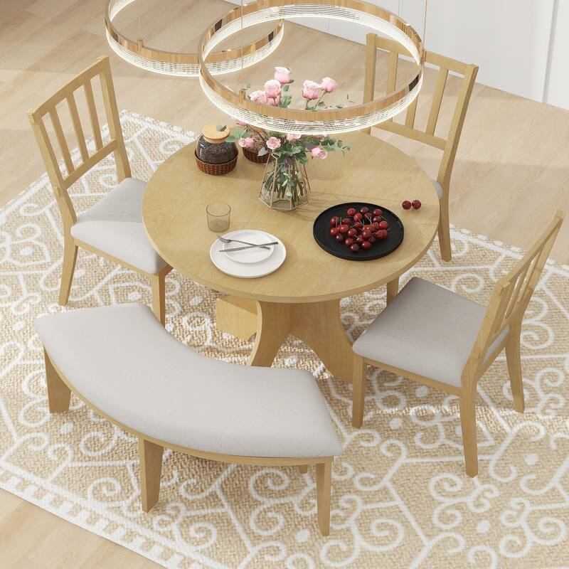 5-Piece Rustic Dining Set with Round Table, 3 Chairs & Bench