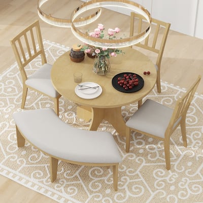 5-Piece Rustic Dining Set with Round Table, 3 Chairs & Bench