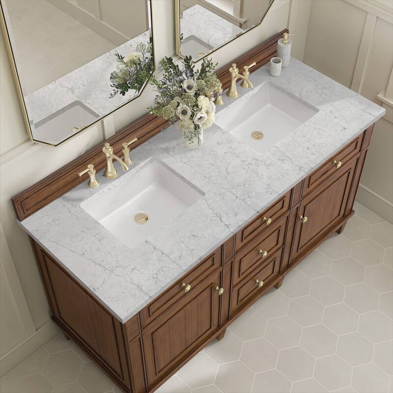 James Martin Vanities Lorelai 60" Double Vanity, Mid-Century Walnut - Eternal Jasmine Pearl.